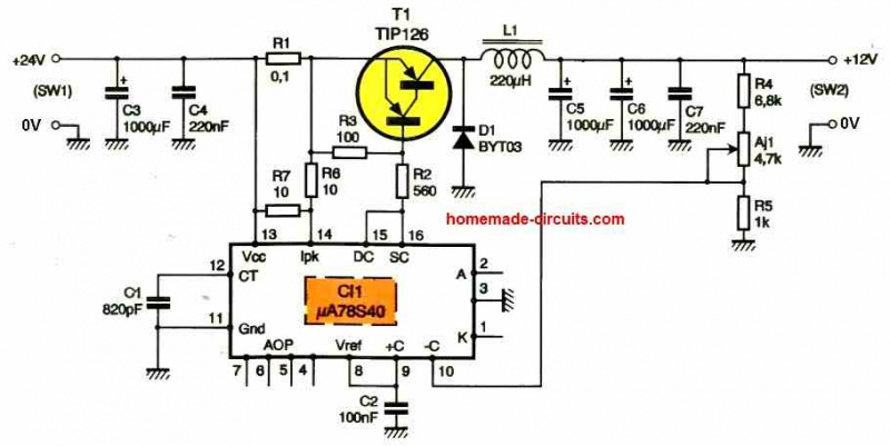 Circuito conversor de 24 V para 12 V DC [usando o regulador de comutação]