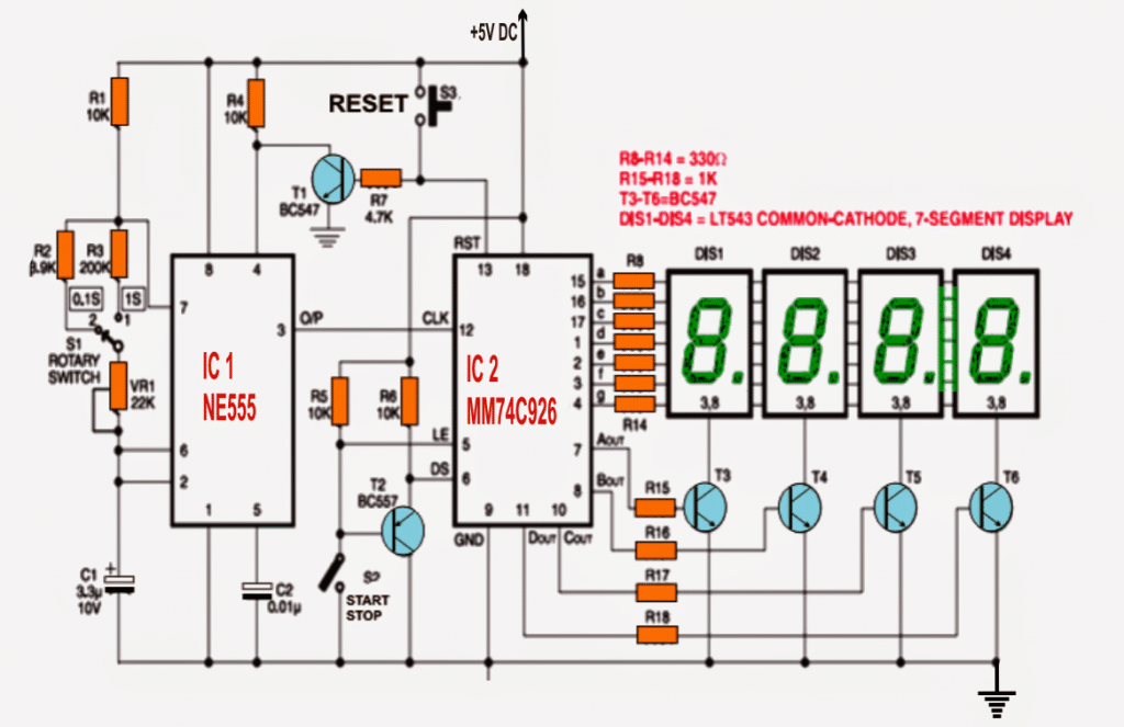 IC 555 -pohjainen yksinkertainen digitaalinen sekuntikellopiiri