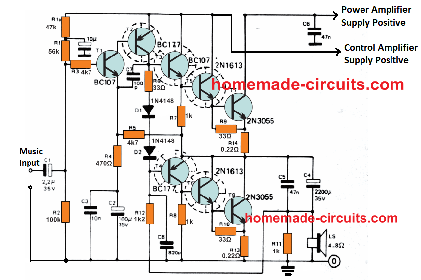 30 Watt Verstärkerschaltung mit Transistoren