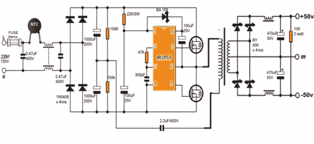 Circuito SMPS 2 x 50V 350W para amplificadores de potência de áudio