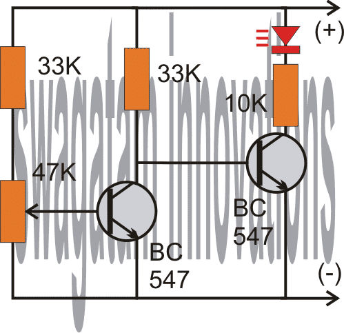 Indikator kredsløb med lavt batteriniveau, der kun bruger to transistorer