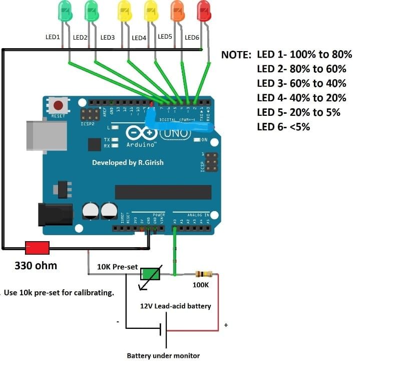 Верига на индикатора за нивото на батерията Arduino