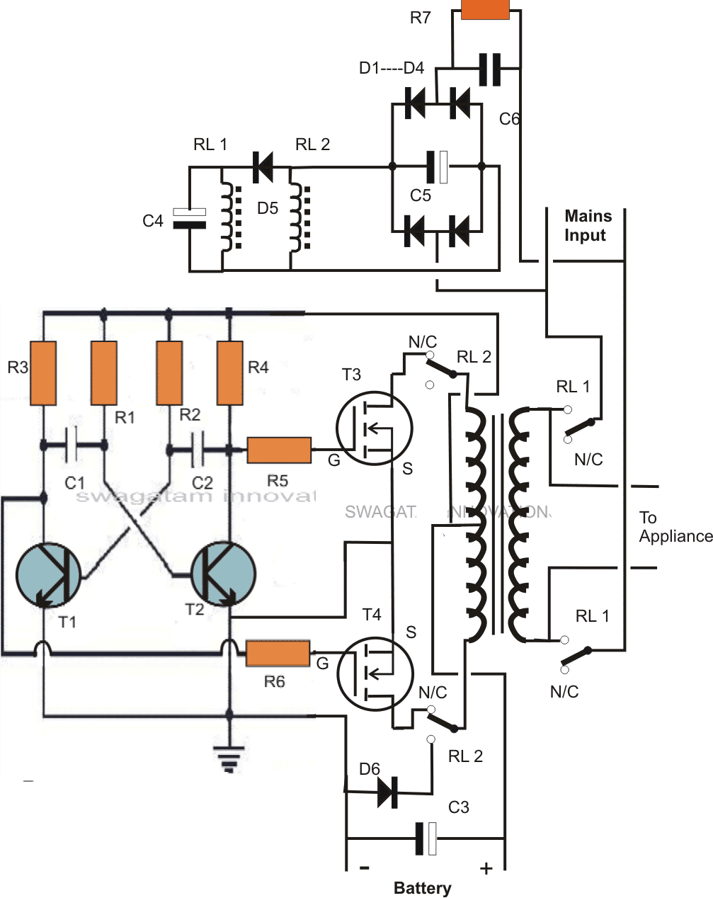 Схема инвертора / зарядного устройства с одним трансформатором