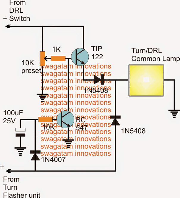 Iluminando DRL e luzes giratórias com lâmpada comum única