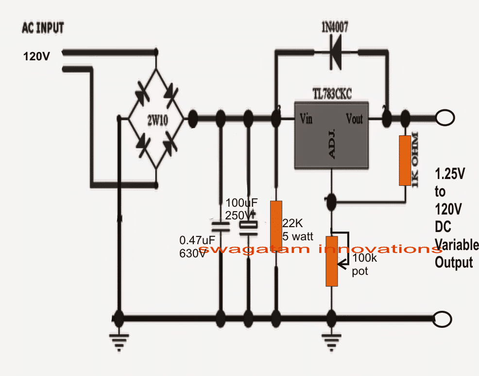 Obwód regulatora napięcia sieciowego 1,25 V do 120 V.