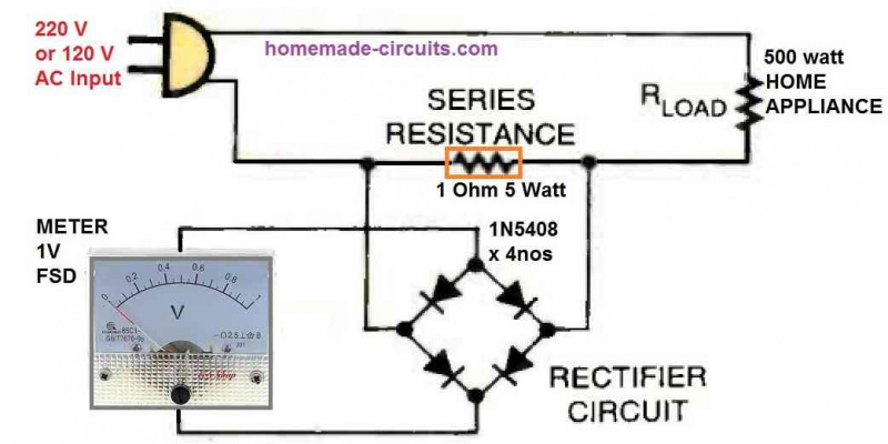 Circuito amperímetro CA para medição de corrente em aparelhos de 220 V