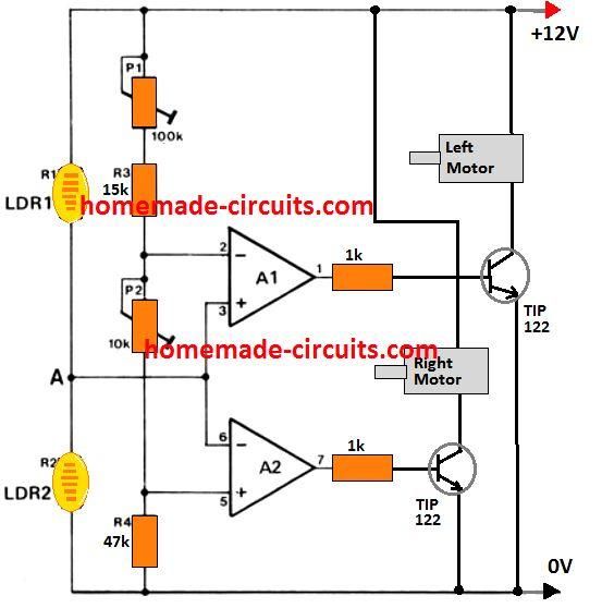 Simple Line Follower Vehicle Circuit ved hjælp af Op Amps