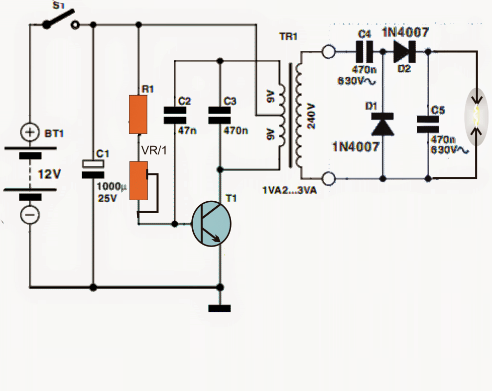 Jednoduchý obvod generátoru vysokého napětí - generátor oblouku