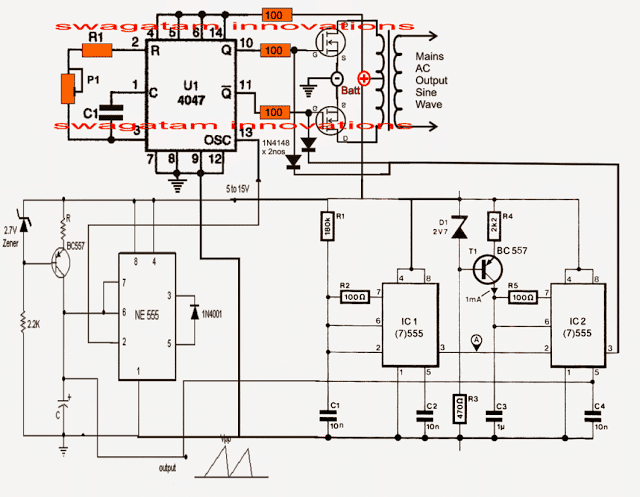 Circuitul invertorului cu undă sinusoidală pură utilizând IC 4047