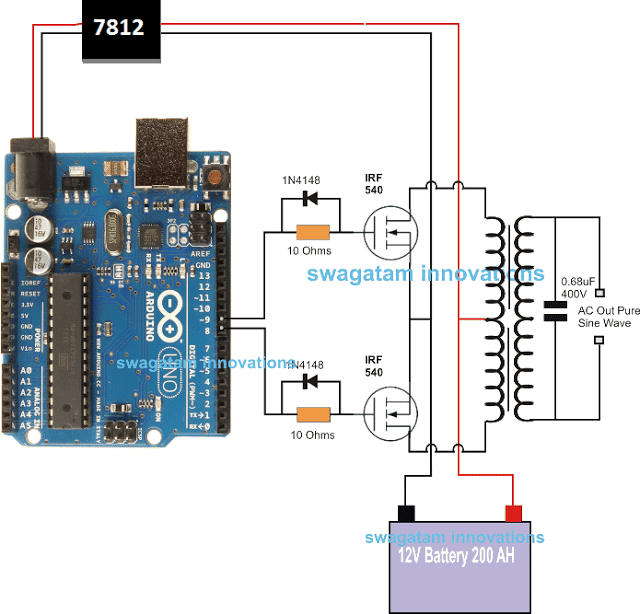 पूर्ण कार्यक्रम कोड के साथ Arduino शुद्ध साइन वेव इन्वर्टर सर्किट