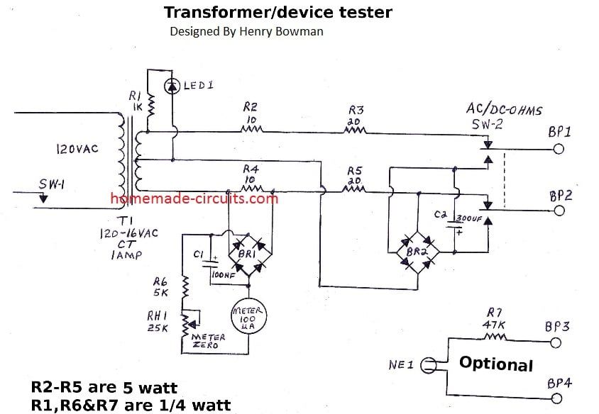 Obvod testeru vinutia jednoduchého transformátora