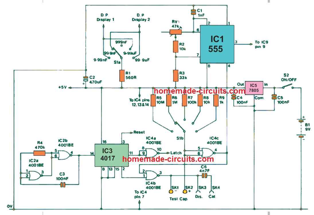 Circuito de medidor de capacitância LED de 3 dígitos