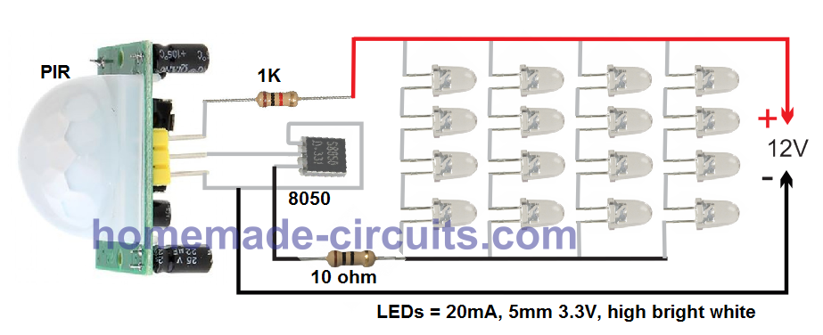 Jednoduchý PIR LED žiarovkový obvod