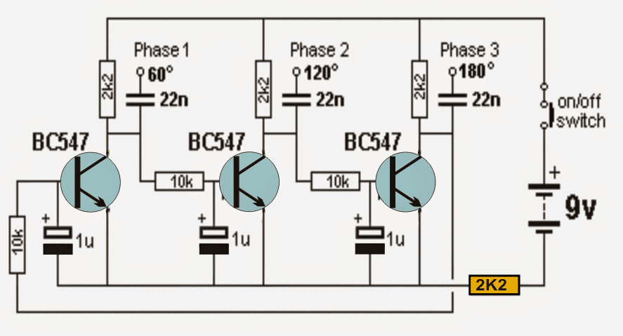 Tranzistorový obvod trojfázového generátora sínusových vĺn