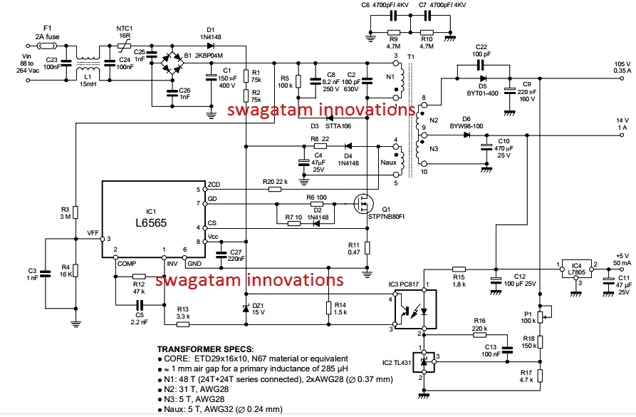110V, 14V, 5V SMPS-krets - Detaljerade diagram med illustrationer