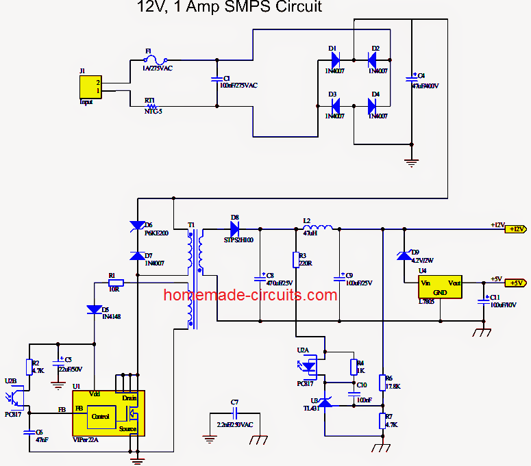 Semplice circuito SMPS da 12V, 1A