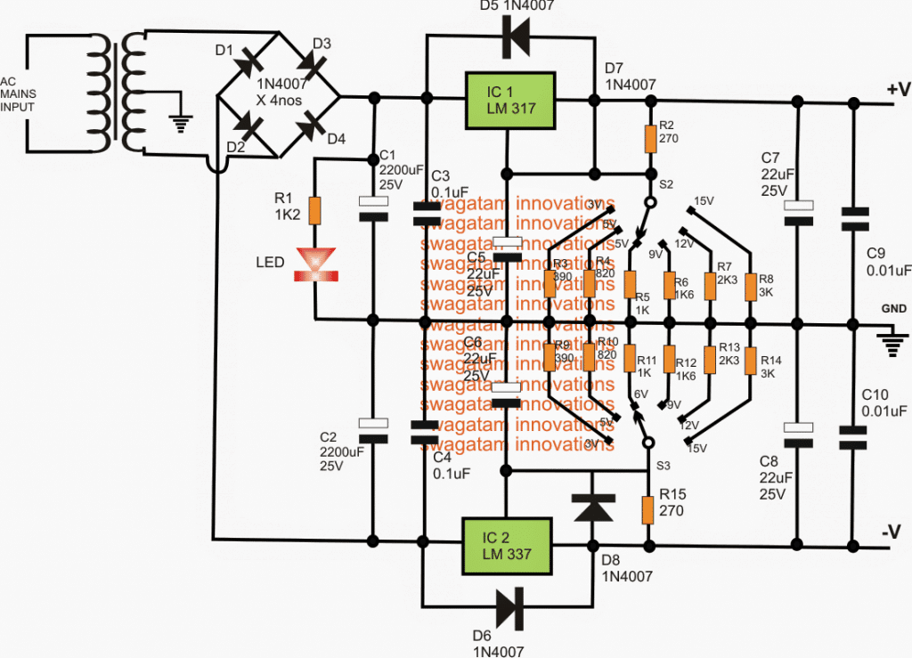 Circuit dublu de alimentare reglabil 3V, 5V, 6V, 9V, 12V, 15V