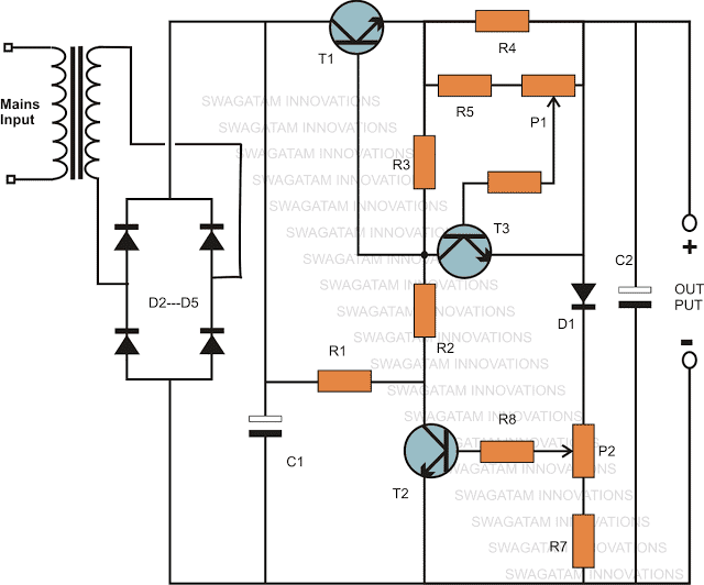 Circuit d'alimentació de corrent de tensió variable, corrent mitjançant el transistor 2N3055
