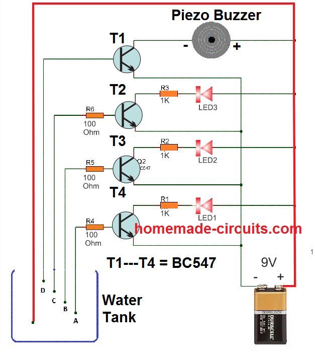 Jednoduché obvody indikátoru hladiny vody (se snímky)