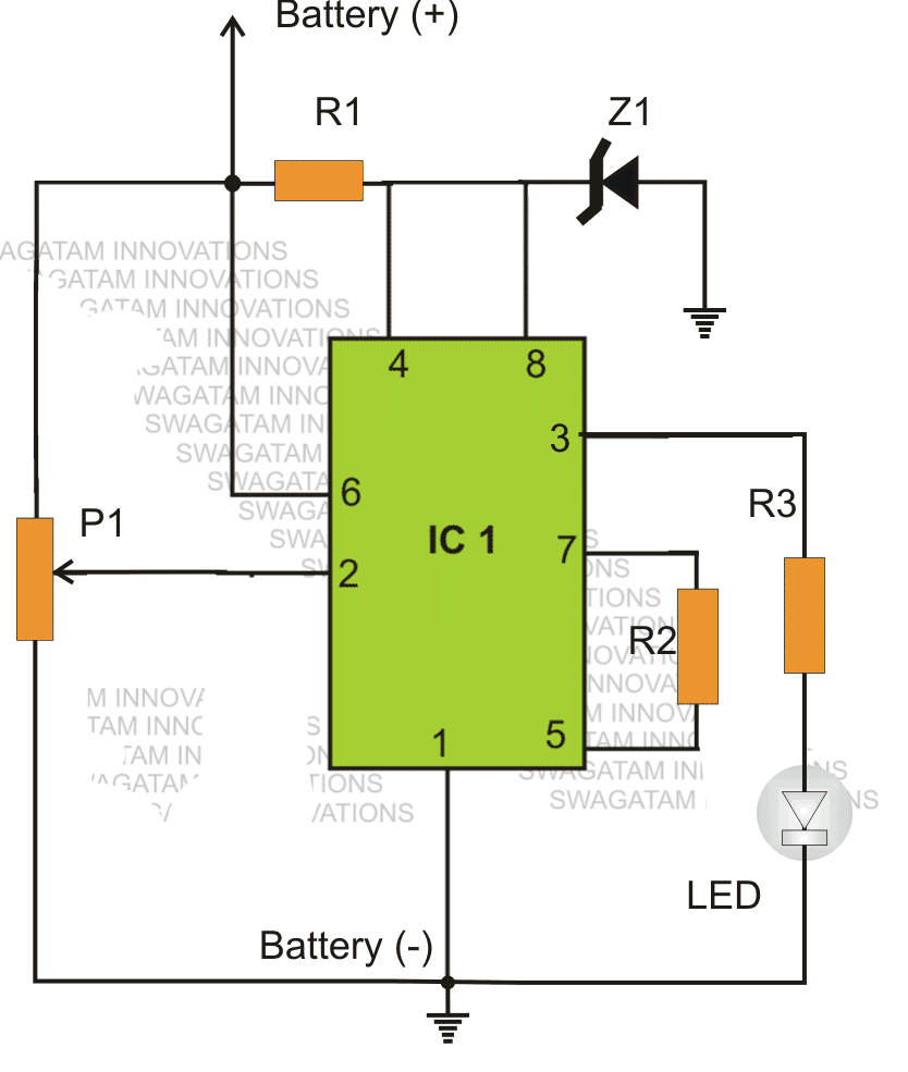 IC 555 Obwód wskaźnika niskiego poziomu baterii